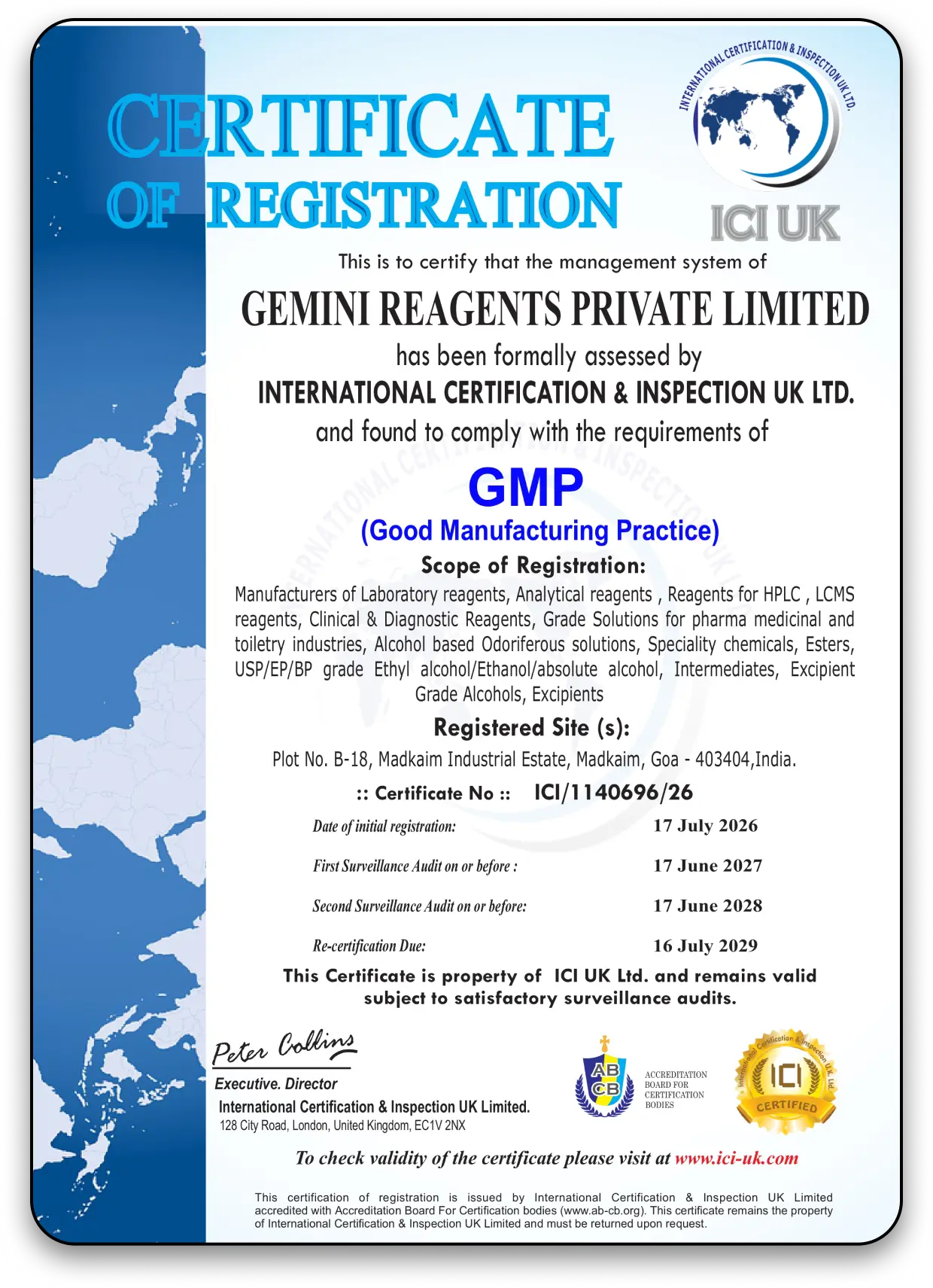 GMP (Good Manufacturing Practice) Certificate