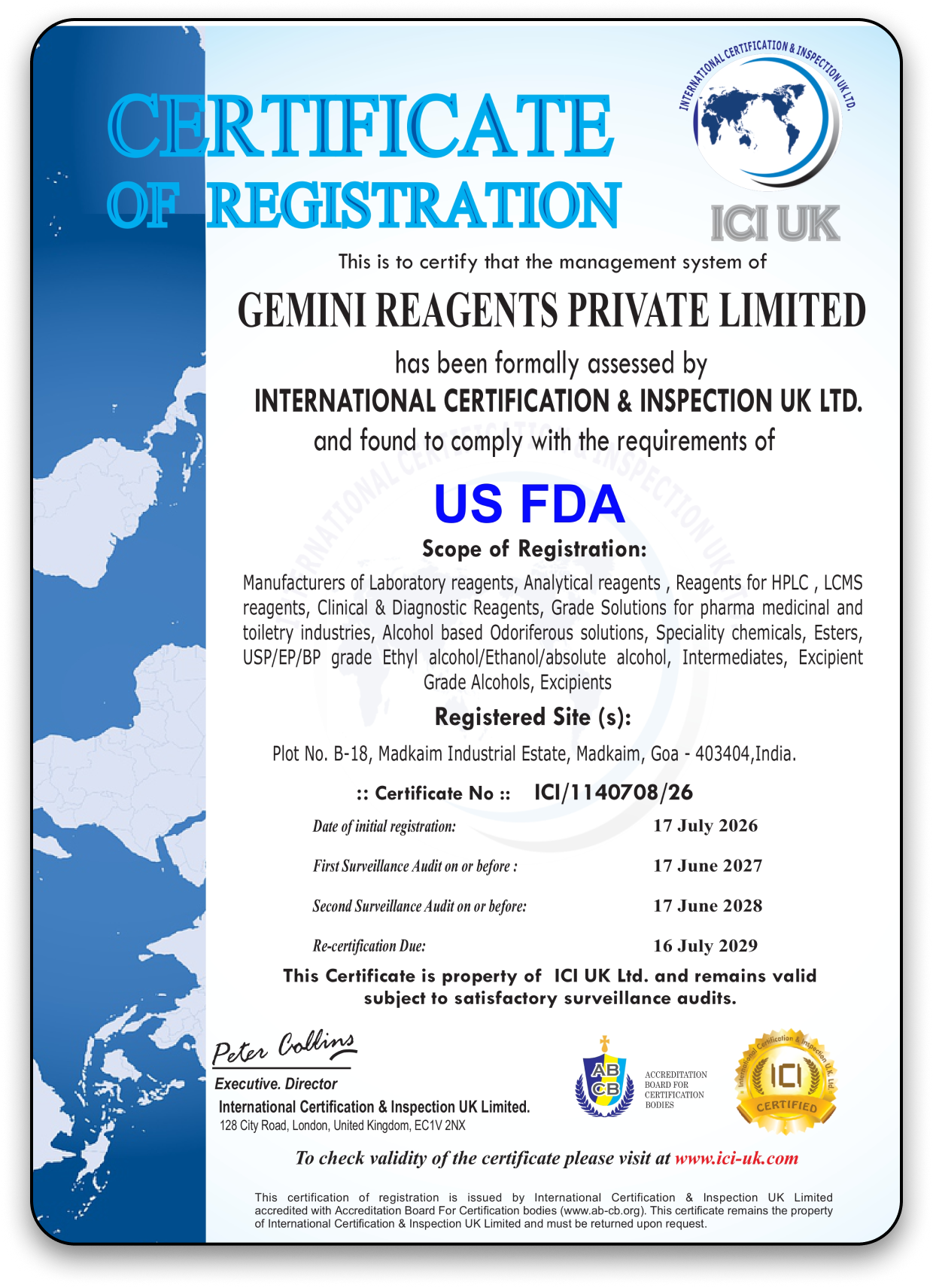 US FDA Registration Certificate